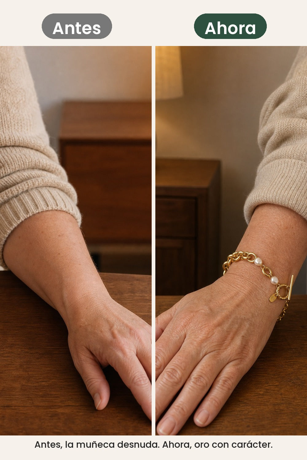 Pulsera de eslabones con perlas y cierre en T – antes, la muñeca desnuda. Ahora, oro con carácter
