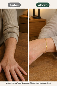 [es] Pulsera con tres corazones dorados – antes, la muñeca desnuda. Ahora, tres corazoncitos