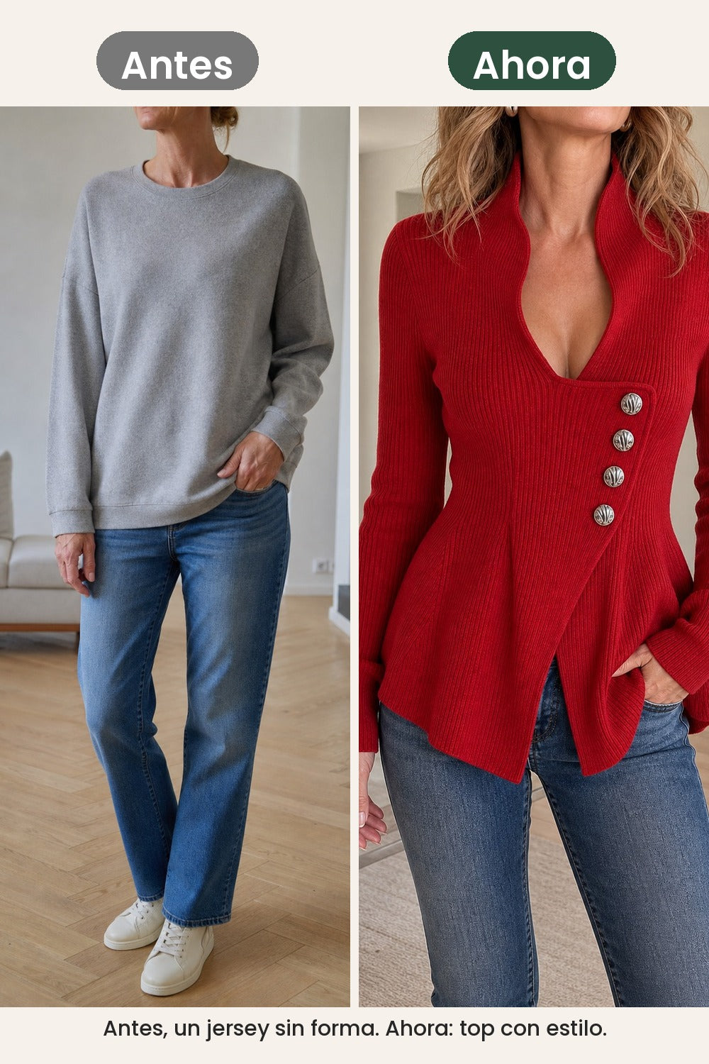 Top elegante acanalado con peplum asimétrico – antes, un jersey sin forma; ahora, un top con estilo