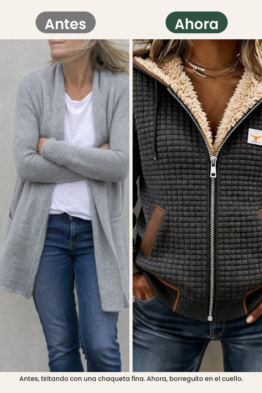 Abrigo acolchado con capucha y forro de borreguito – antes, tiritando con una chaqueta fina. Ahora, borreguito en el cuello