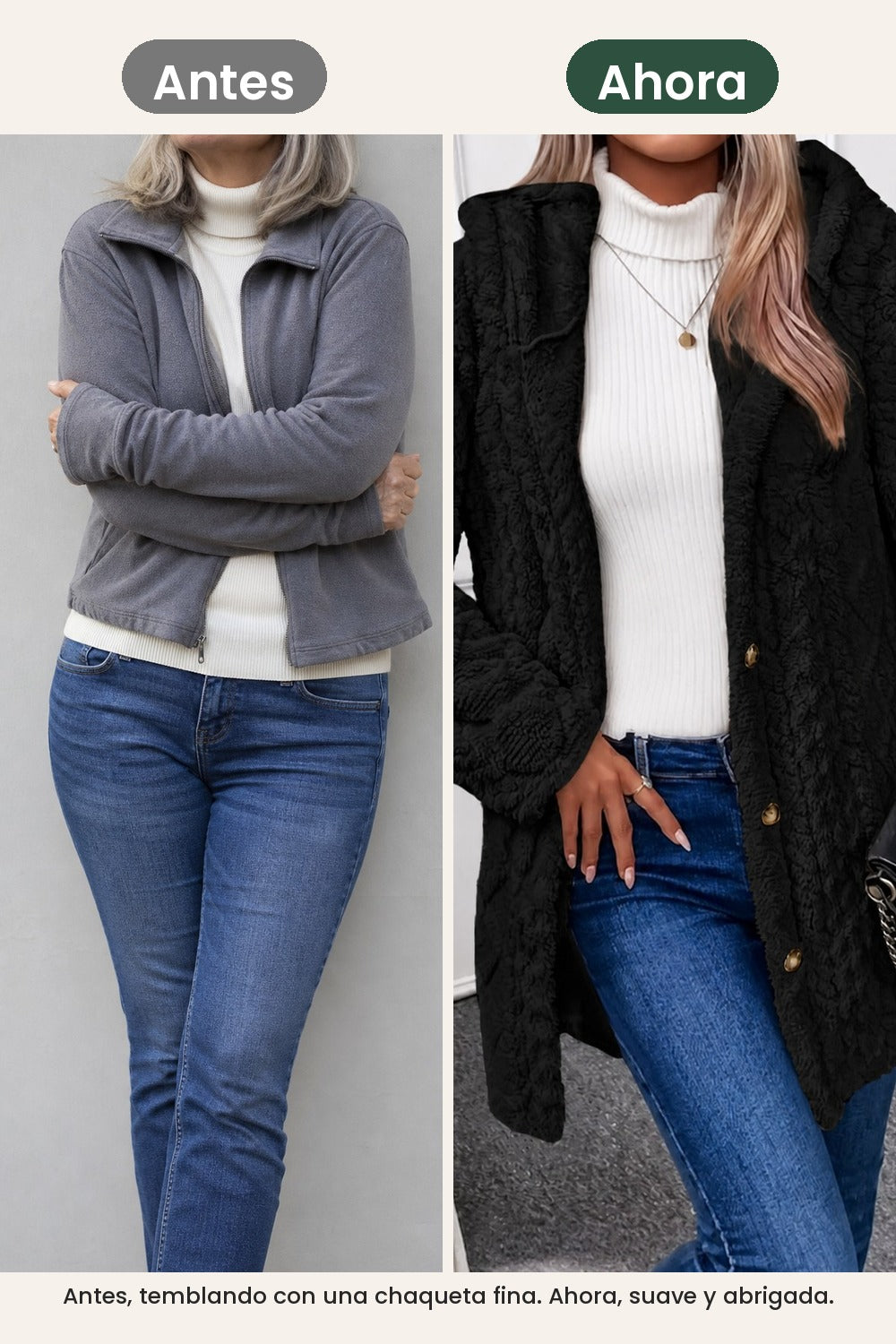 Chaqueta de peluche con capucha y trenzado – antes, temblando con una chaqueta fina. Ahora, suave y abrigada