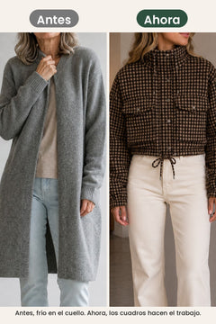 [es] Chaqueta corta de cuadros con cuello alzado – antes, frío en el cuello. Ahora, los cuadros hacen el trabajo