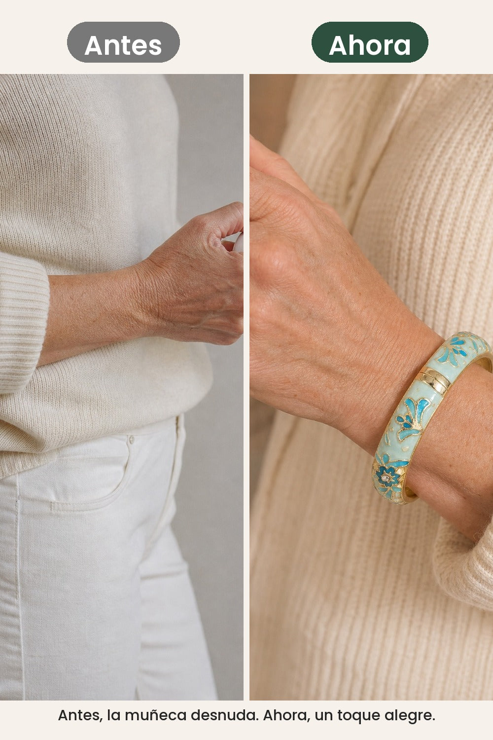 Pulsera ancha con flores y hojas esmaltadas – antes, la muñeca desnuda. Ahora, un toque alegre