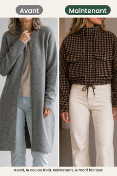 [fr] Veste courte à carreaux avec col montant – avant, le cou au froid. Maintenant, le motif fait tout