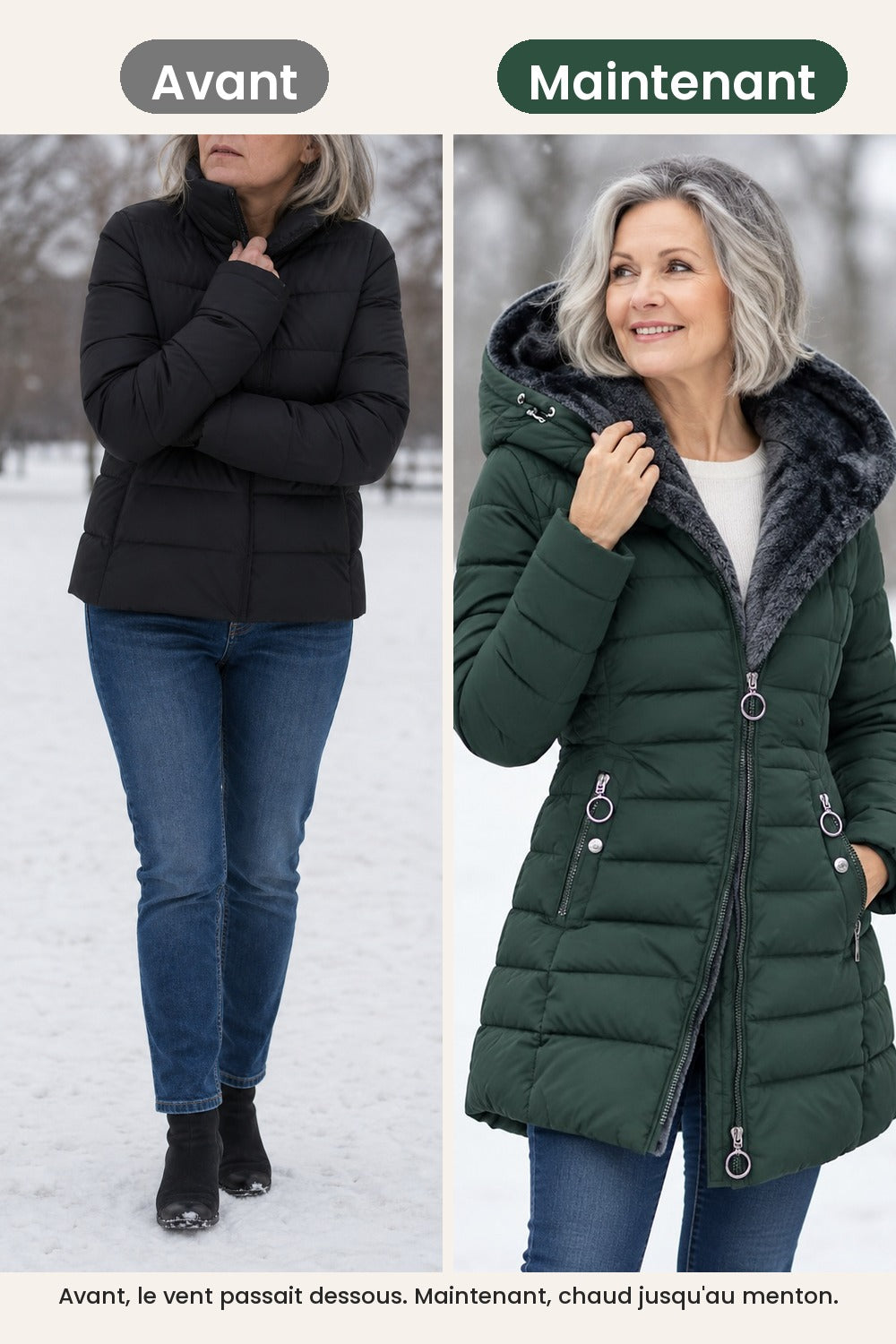 Long manteau d’hiver matelassé avec capuche en peluche – avant, le vent passait dessous. Maintenant, chaud jusqu&