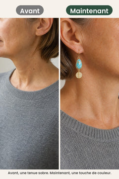 [fr] Boucles d’oreilles goutte turquoise et disque doré – avant, une tenue sobre. Maintenant, une touche de couleur
