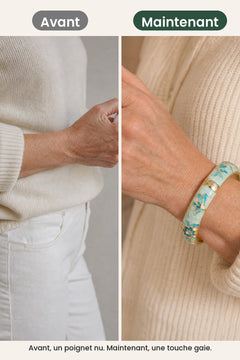 [fr] Bracelet large orné de fleurs et feuillages en émail – avant, un poignet nu. Maintenant, une touche gaie