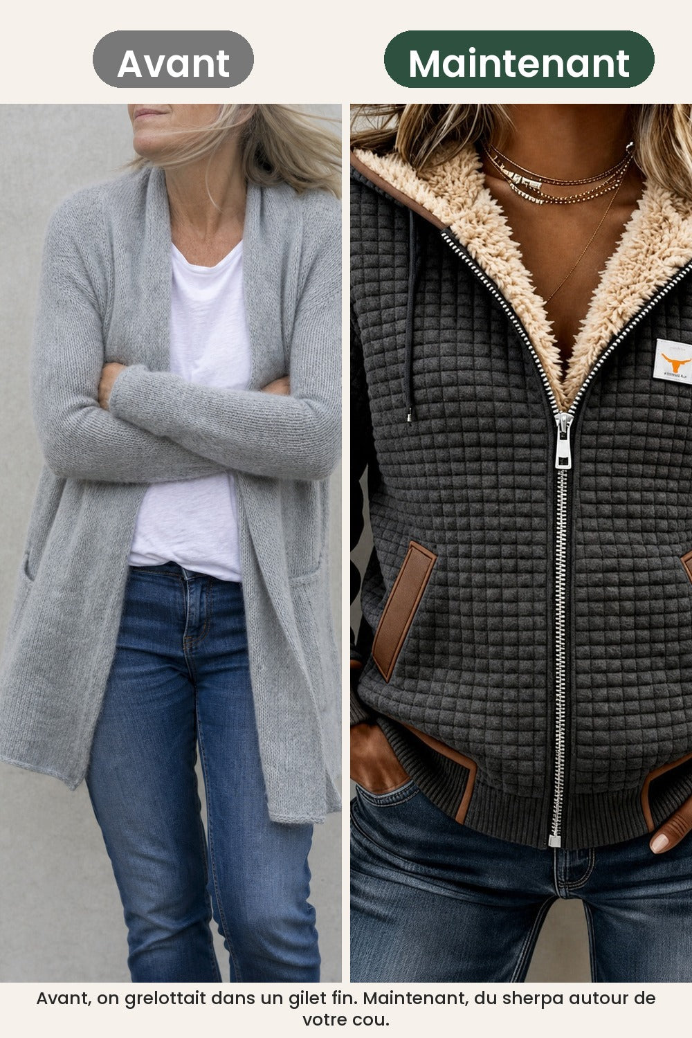 Manteau matelassé à capuche doublée sherpa – avant, on grelottait dans un gilet fin. Maintenant, du sherpa autour de votre cou