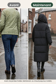 [fr] Manteau d’hiver long matelassé à capuche – avant, les jambes froides. Maintenant, au chaud jusqu&