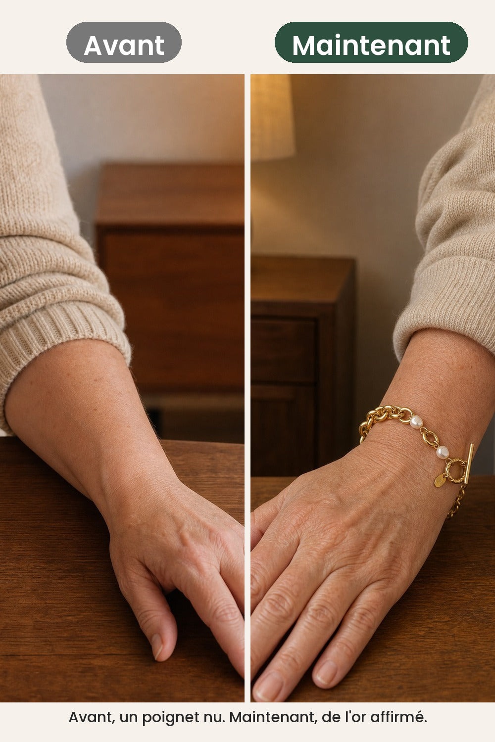 Bracelet à maillons et perles avec fermoir T – avant, un poignet nu. Maintenant, de l&