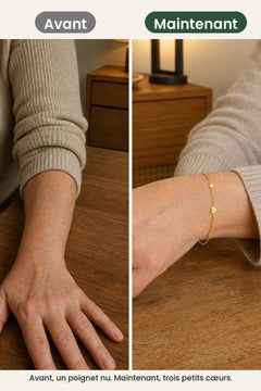 [fr] Bracelet aux trois cœurs dorés – avant, un poignet nu. Maintenant, trois petits cœurs