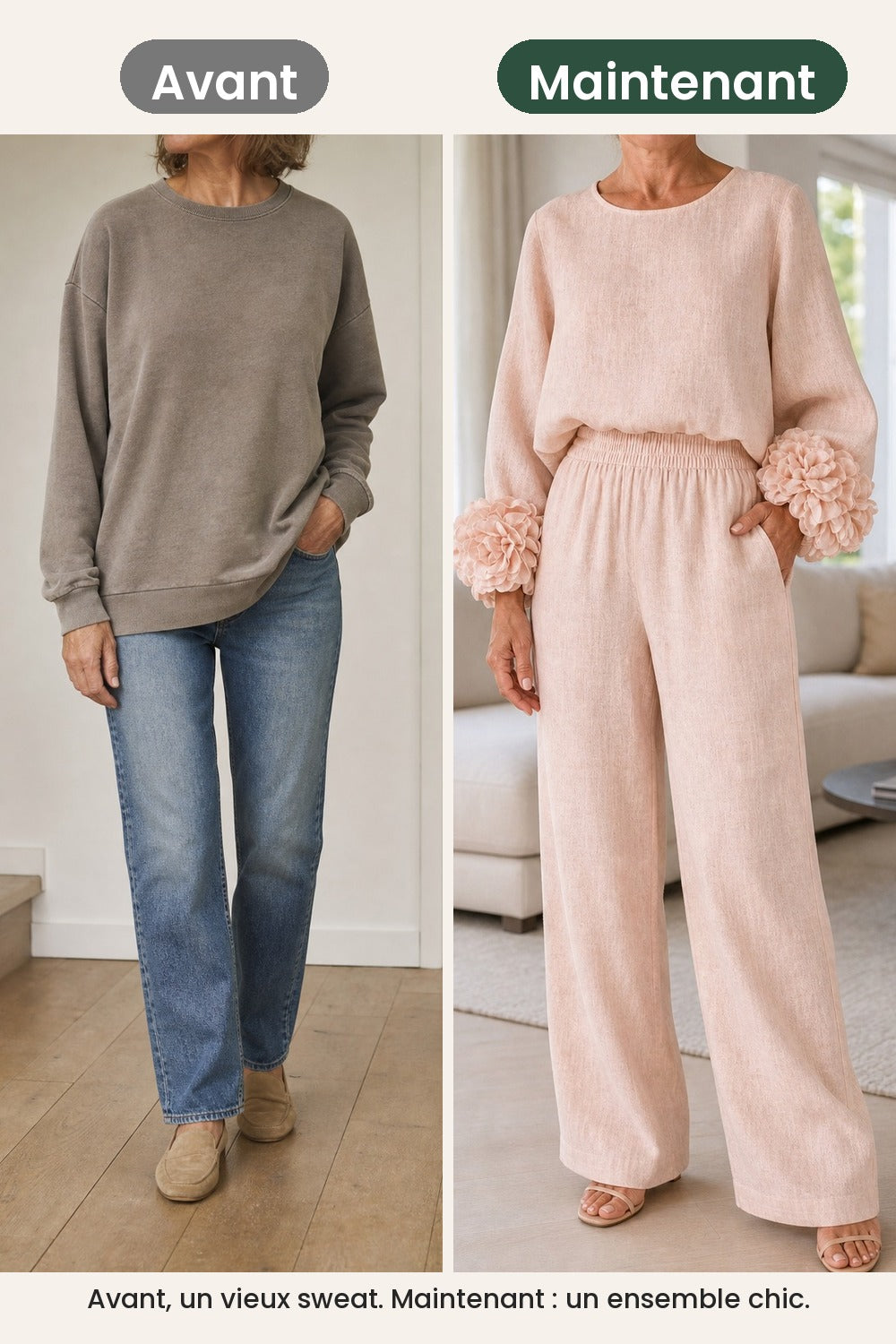 Ensemble deux pièces à poignets fleuris – avant, un vieux sweat ; maintenant, un ensemble chic