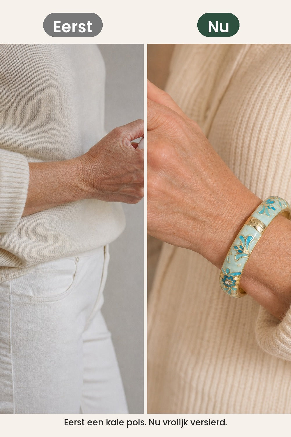 Brede armband met bloemen en blaadjes in emaille – eerst een kale pols, nu vrolijk versierd