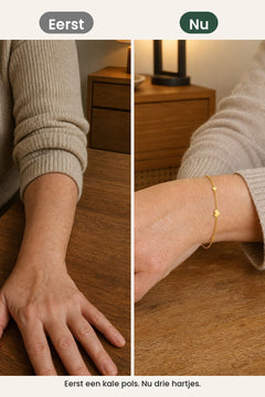 [nl] Armband met drie gouden hartjes – eerst een kale pols, nu drie hartjes