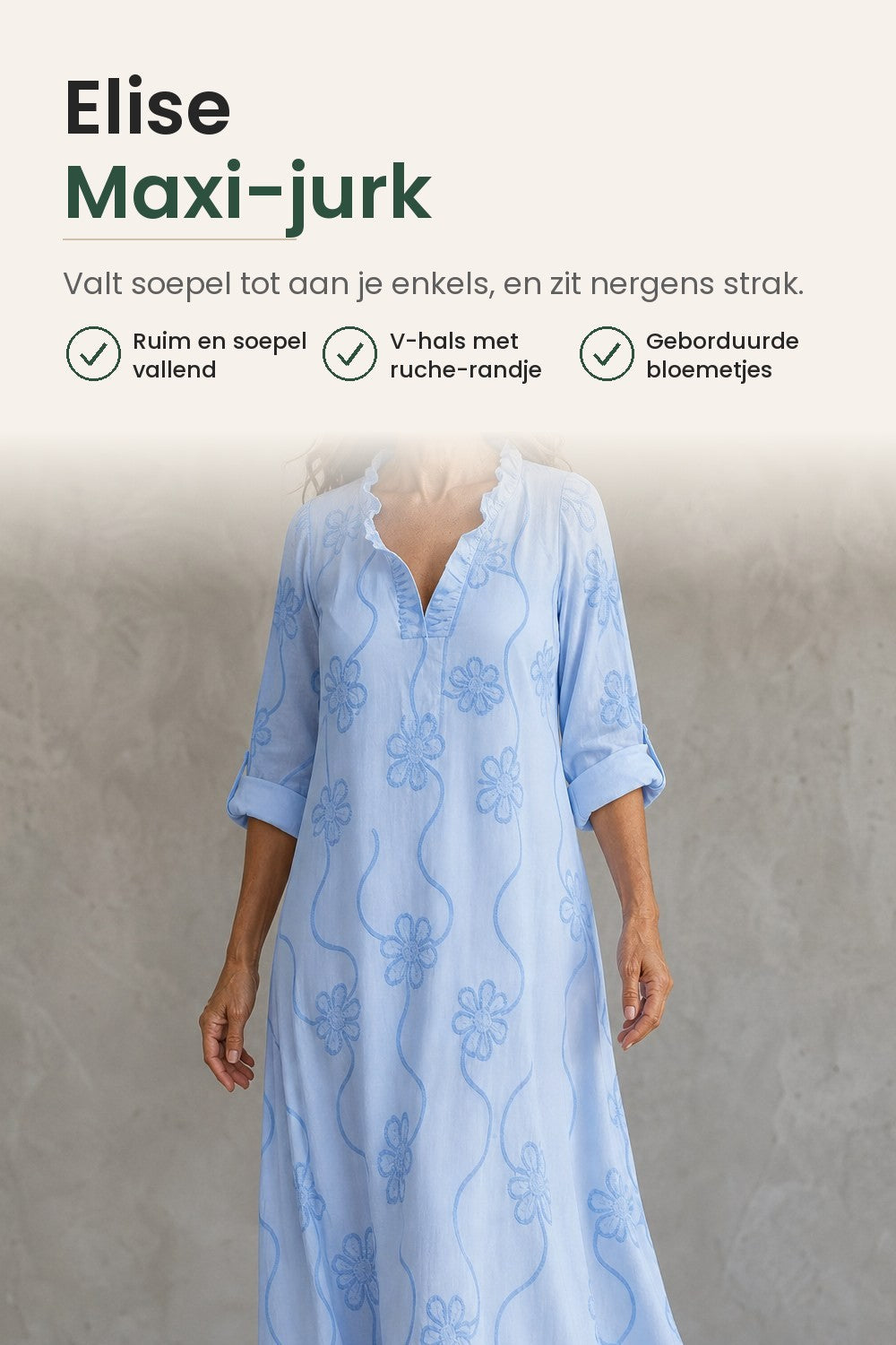 Elise Maxi-jurk – verkoopbeeld: valt soepel tot aan je enkels