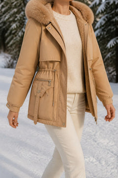Fenna Winterparka in Camel – schuin van opzij