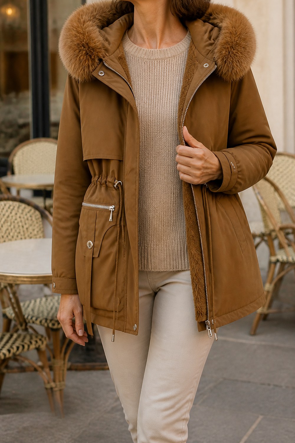 Fenna Winterparka in Bruin – op een terras