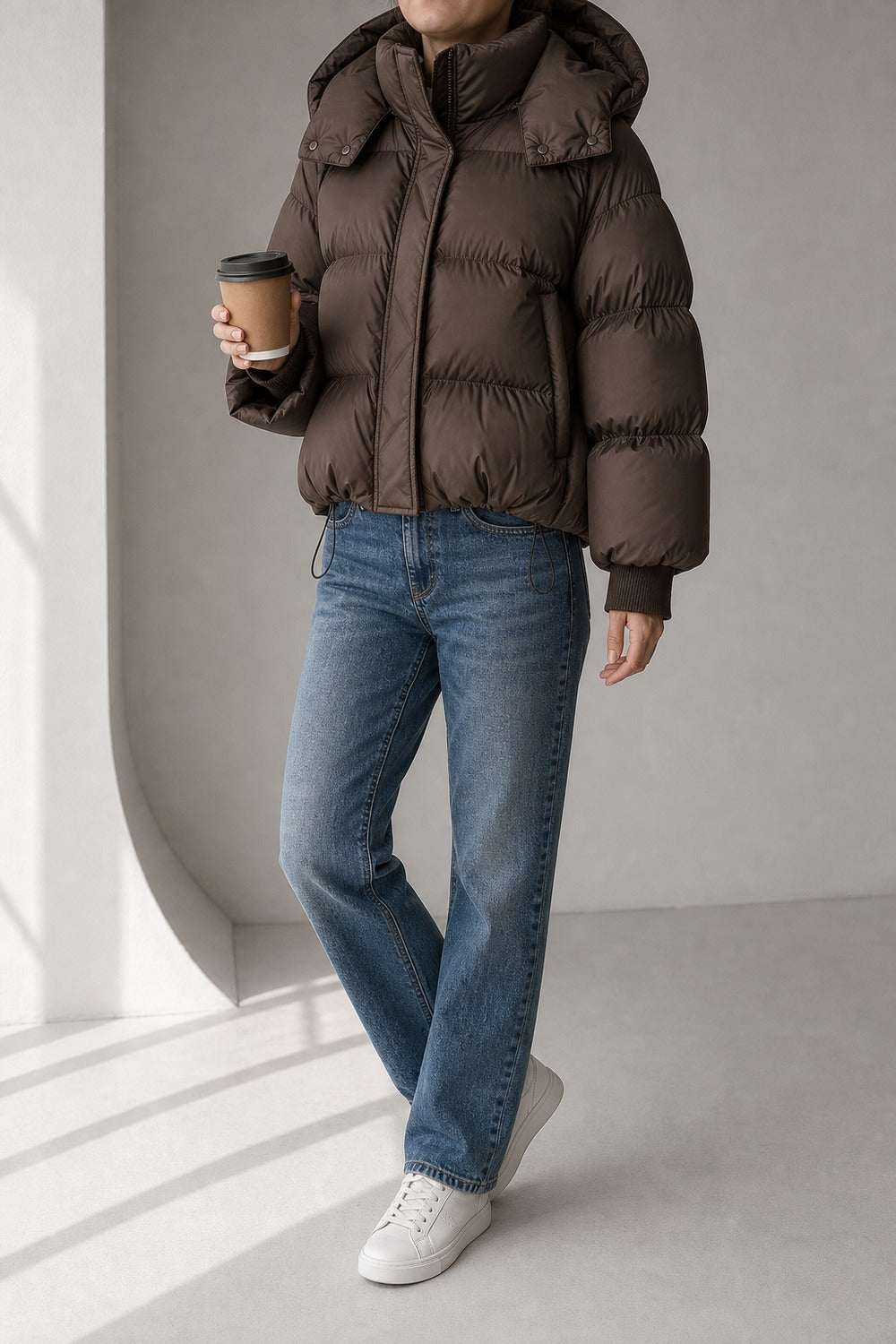 korte pufferjas in koffiebruin met een koffie in de hand