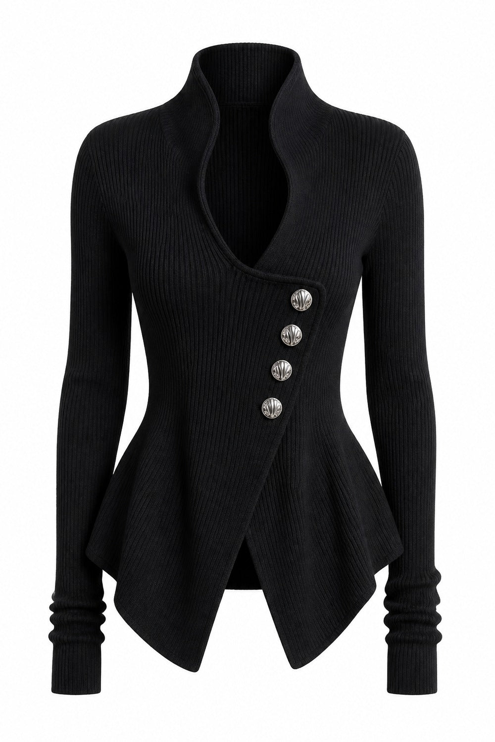 geribde peplum-top in zwart