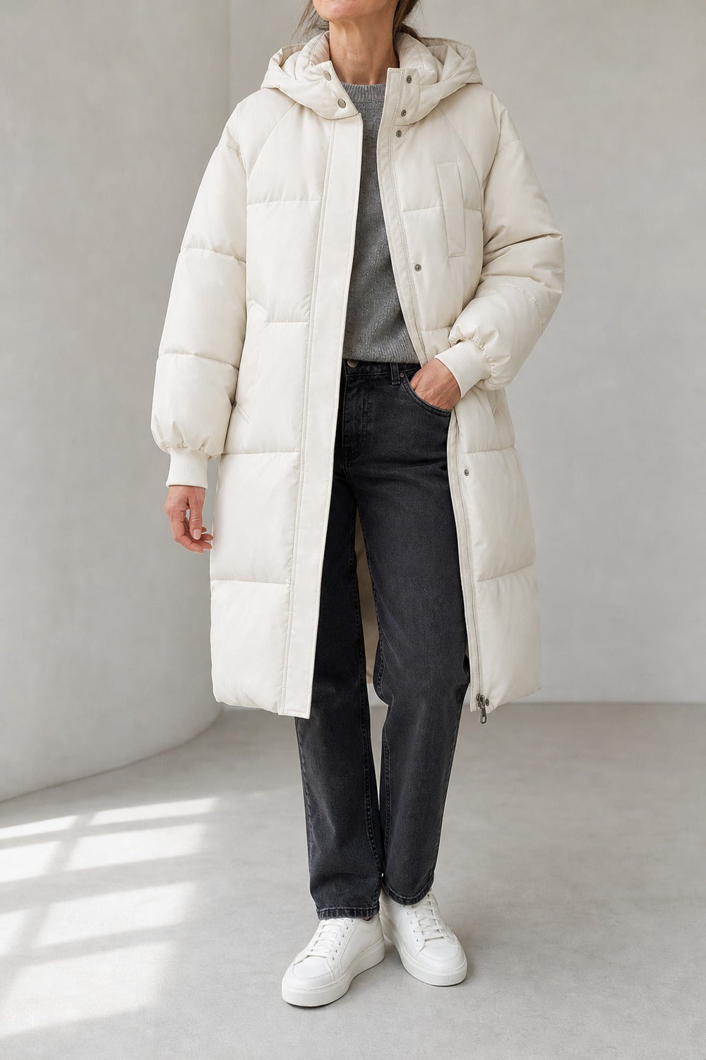 lange winterjas in crème