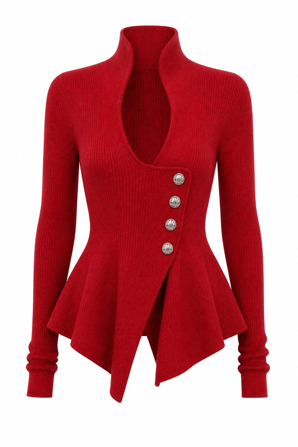 geribde peplum-top in rood