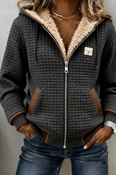 Sandra | Sherpa-Voering Gequilt Zip-Up Hooded Jacket in Antraciet – vooraanzicht