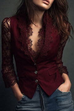 Blazer met semi-transparante kanten mouwen in Bordeaux – vooraanzicht