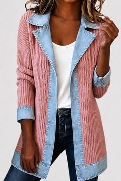 Elegante denimjas voor dames met geribbelde brei-inzetstukken in Roze – vooraanzicht