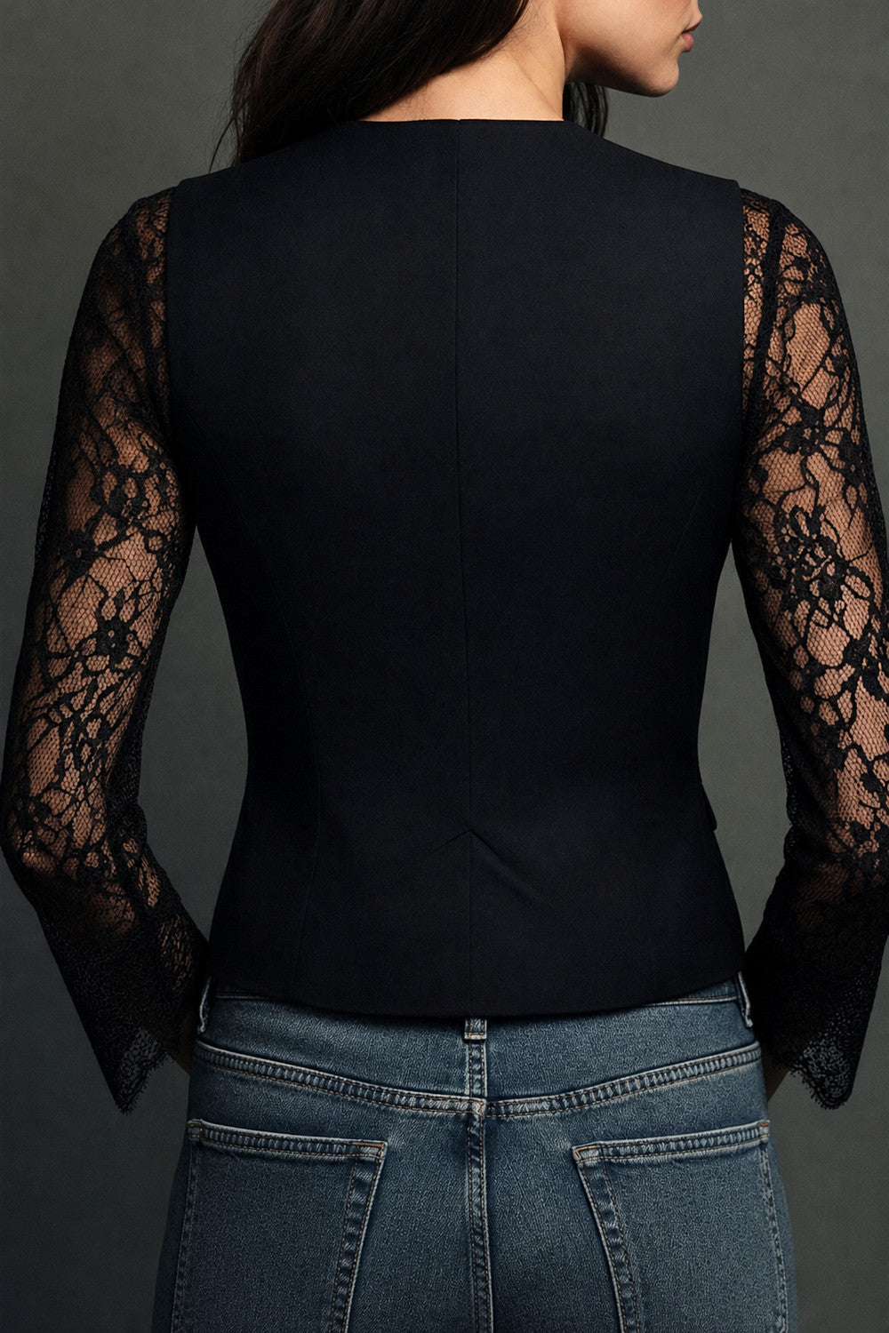 Blazer met semi-transparante kanten mouwen in Zwart – achterkant
