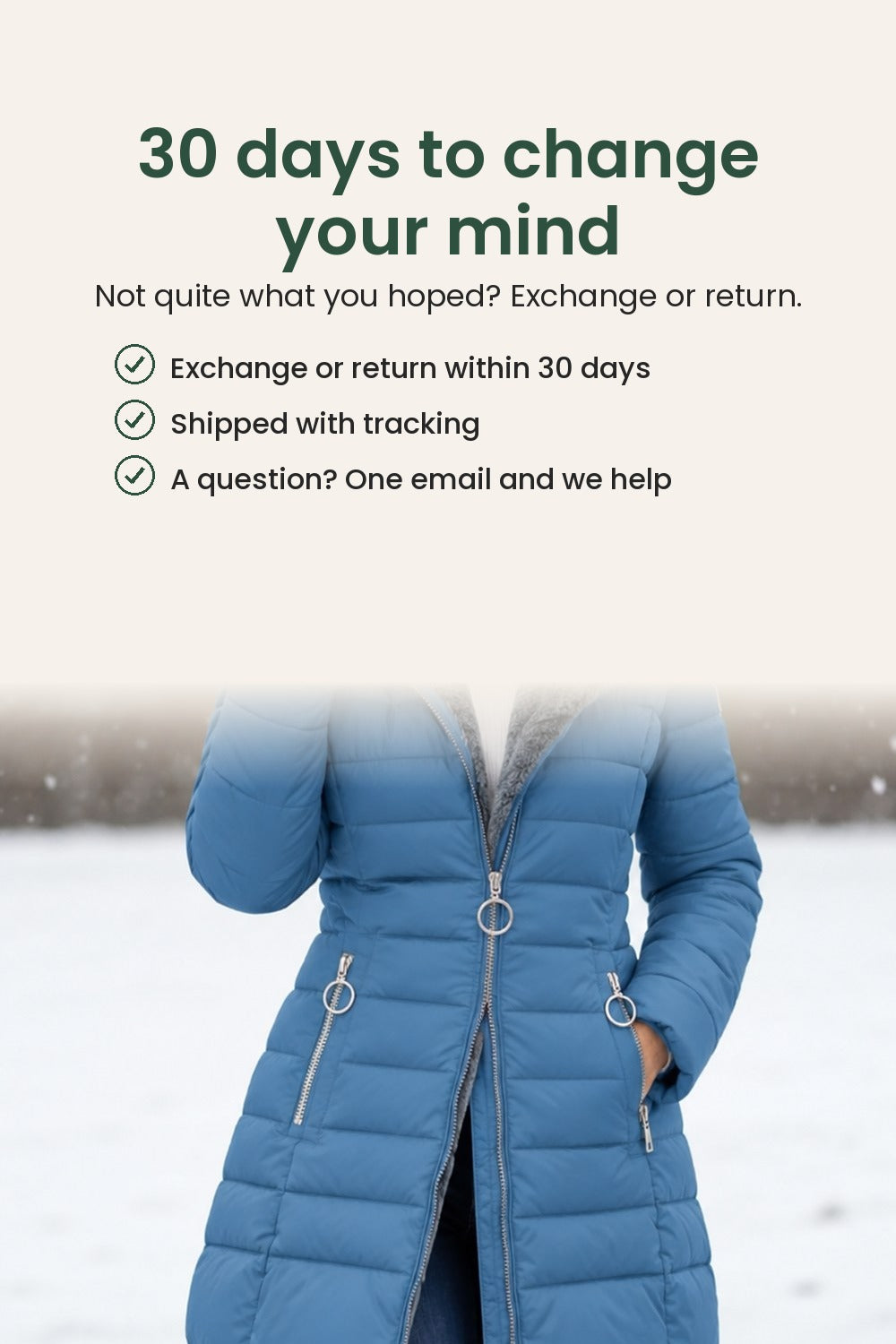 Long padded winter coat with plush hood – 30 days to change your mind
