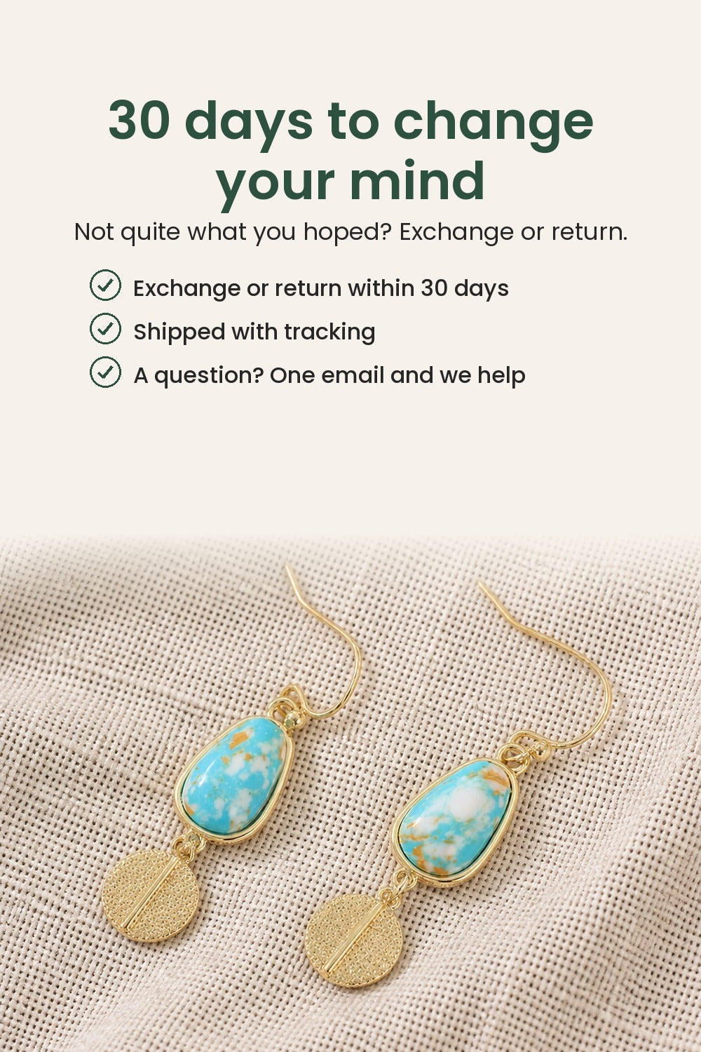 Turquoise Drop Earrings with Gold-Tone Disc – 30 days to change your mind