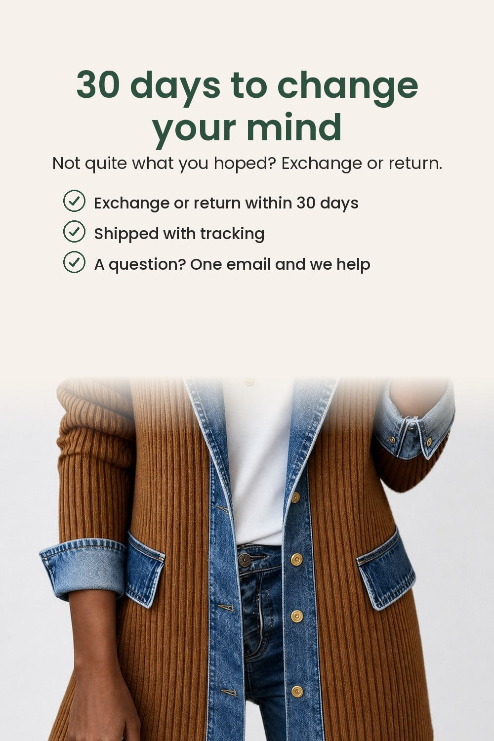 Denim jacket with ribbed knit inserts – 30 days to change your mind