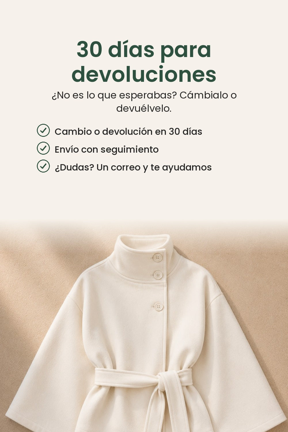 Abrigo capa con cuello alzado y cinturón – 30 días para devoluciones