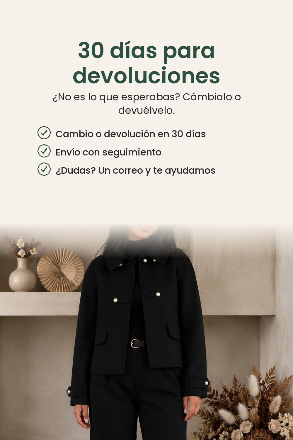 Chaqueta corta con botones de perla y cuello ancho – 30 días para devoluciones