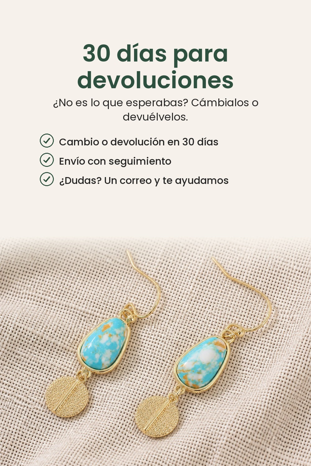 Pendientes con gota turquesa y disco dorado – 30 días para devoluciones