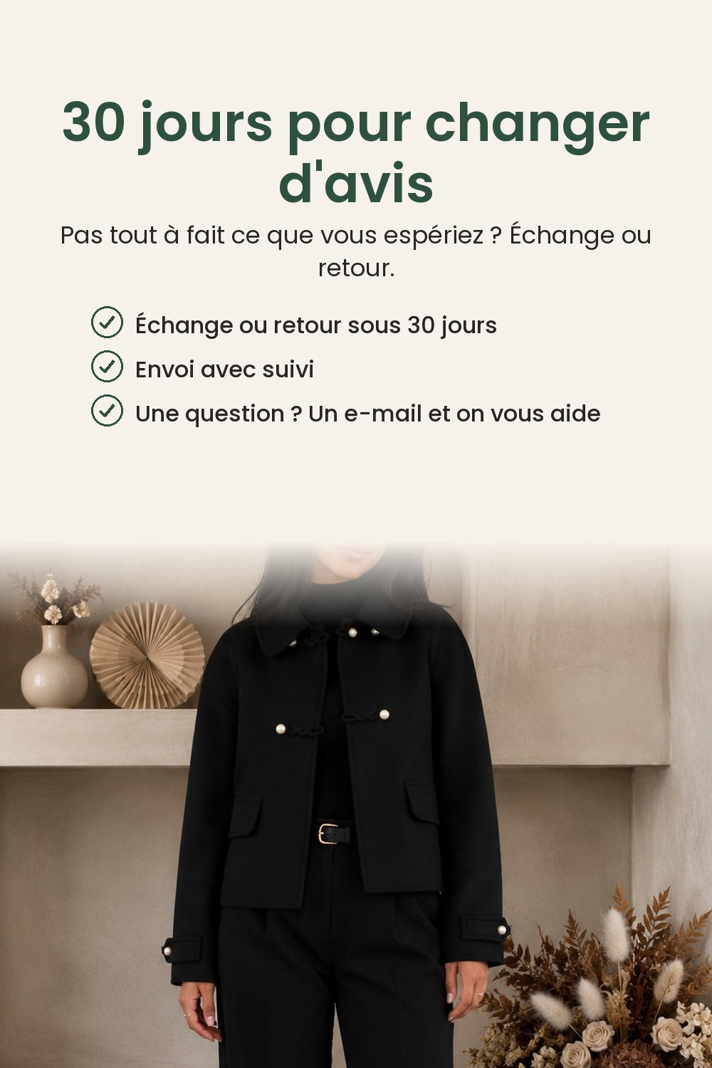 Gilet court avec boutons en perle et large col – 30 jours pour changer d&
