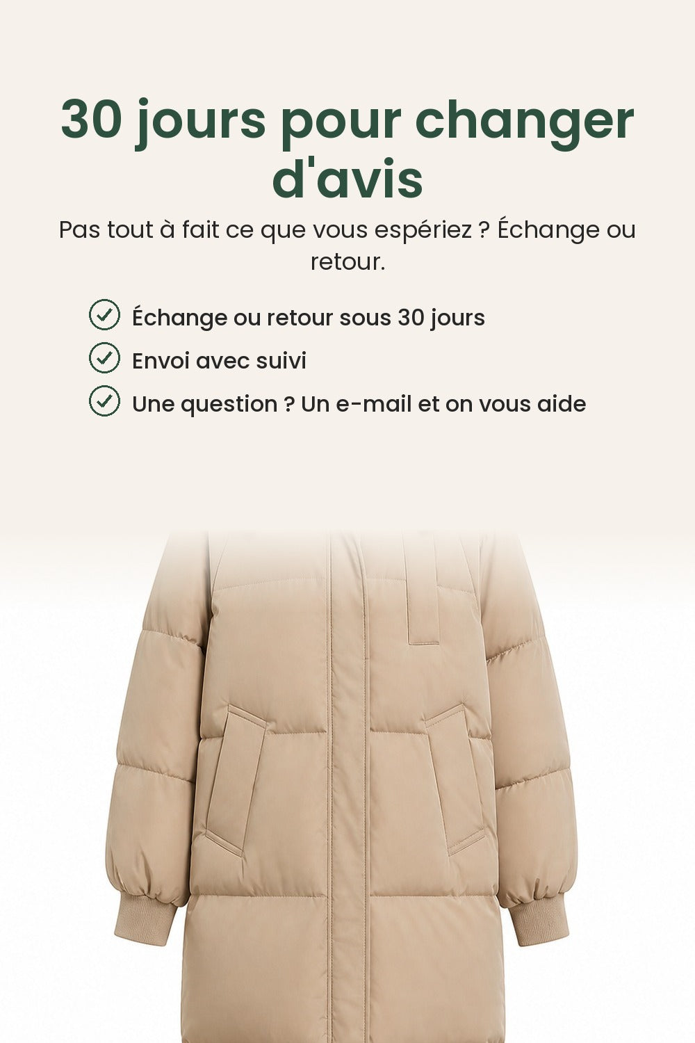 Manteau d’hiver long matelassé à capuche – 30 jours pour changer d&