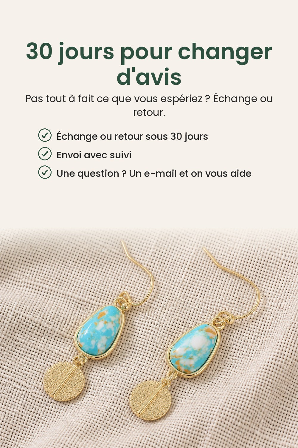 Boucles d’oreilles goutte turquoise et disque doré – 30 jours pour changer d&