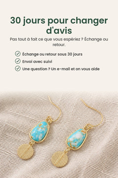 [fr] Boucles d’oreilles goutte turquoise et disque doré – 30 jours pour changer d&