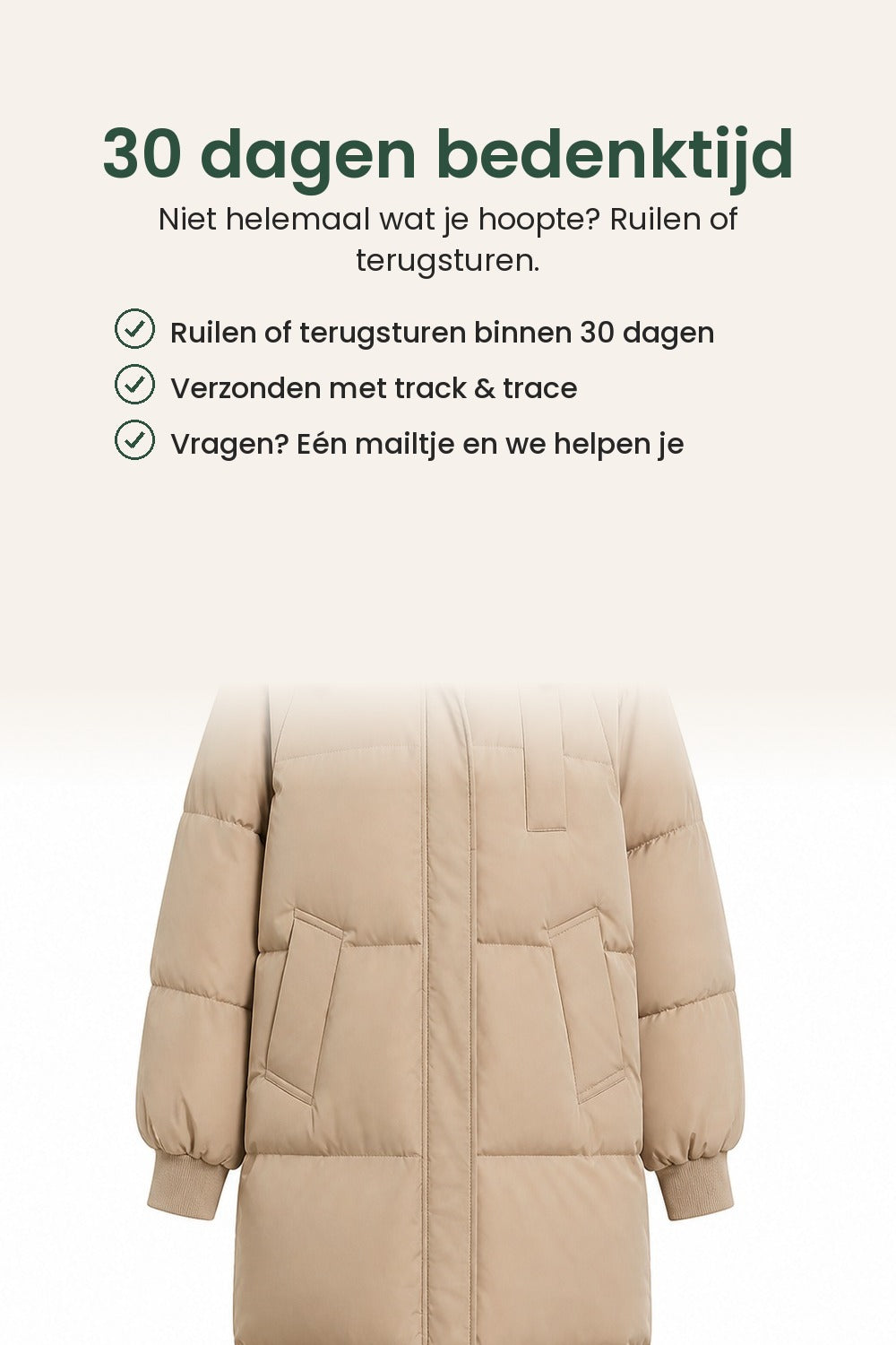 Lange gewatteerde winterjas met kap – 30 dagen bedenktijd