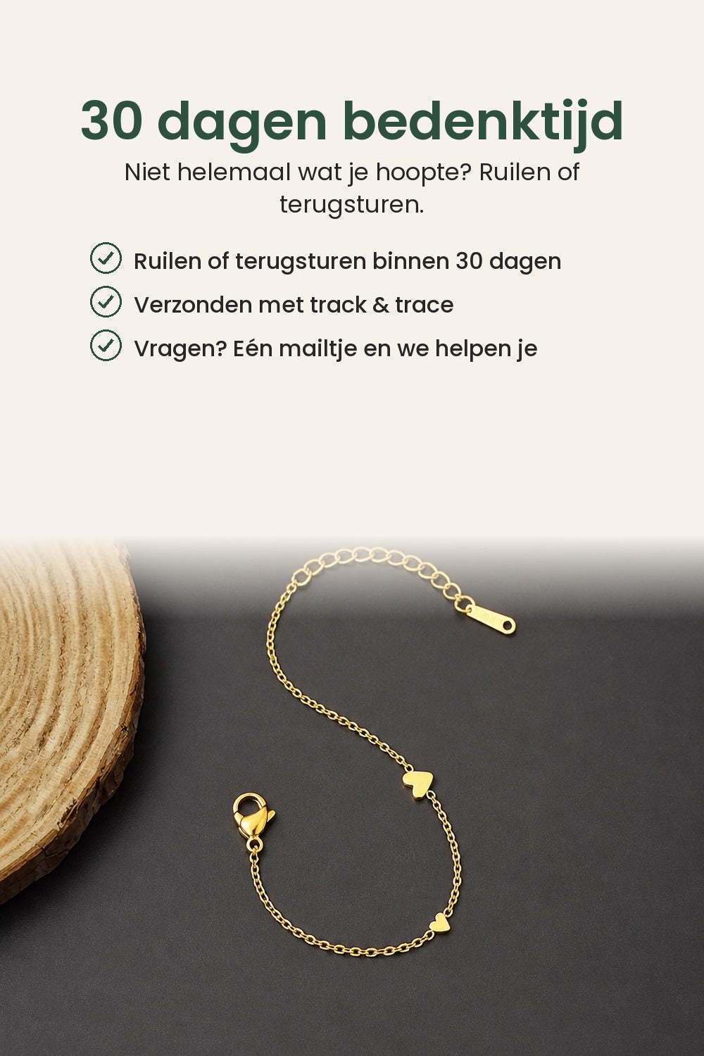 Armband met drie gouden hartjes – 30 dagen bedenktijd