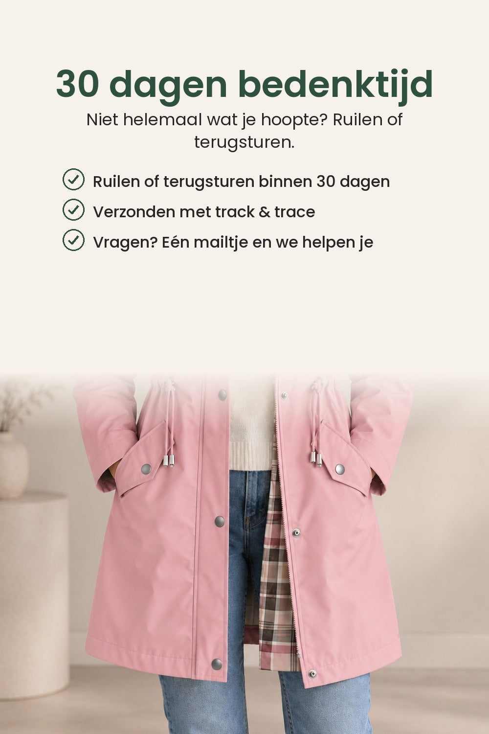 [nl] Middellange jas met capuchon en drukknopen – 30 dagen bedenktijd