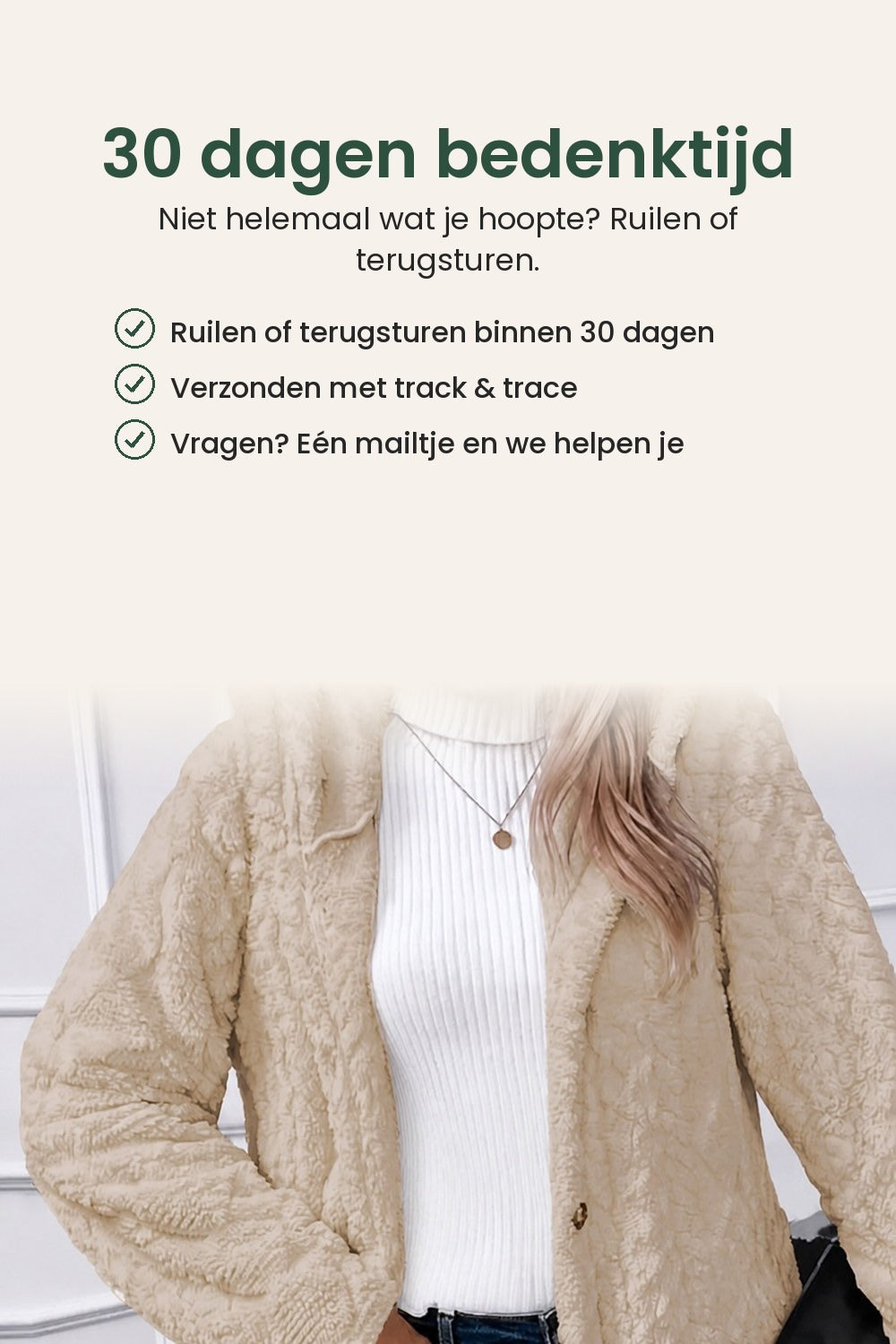 Pluchen jas met kap en kabelmotief – 30 dagen bedenktijd