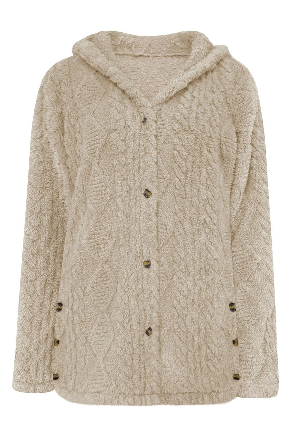 Pluchen jas met kap en kabelmotief in Beige