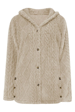 Pluchen jas met kap en kabelmotief in Beige