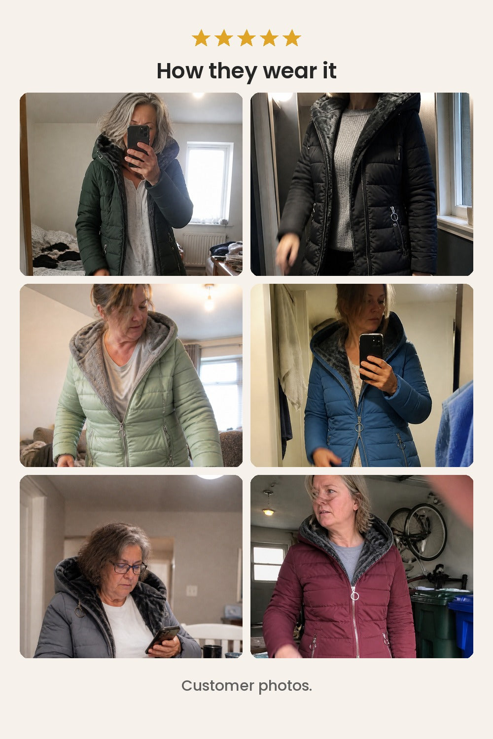 Long padded winter coat with plush hood – customer photos