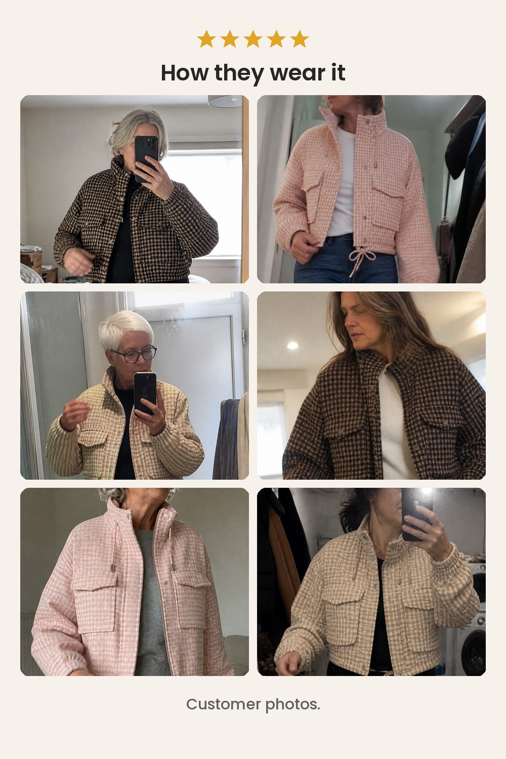 Short checked jacket with stand-up collar – customer photos