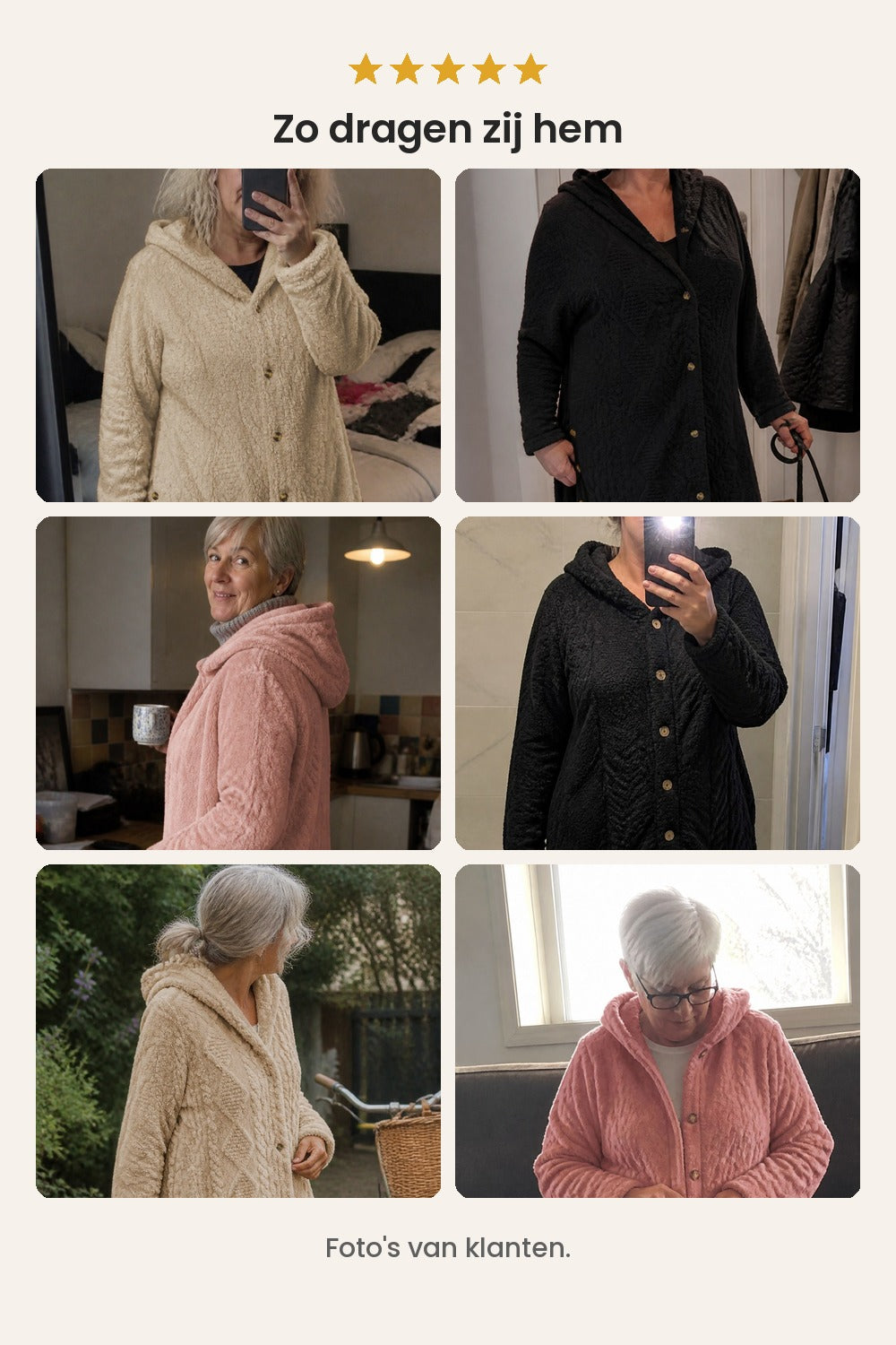 Pluchen jas met kap en kabelmotief – foto&