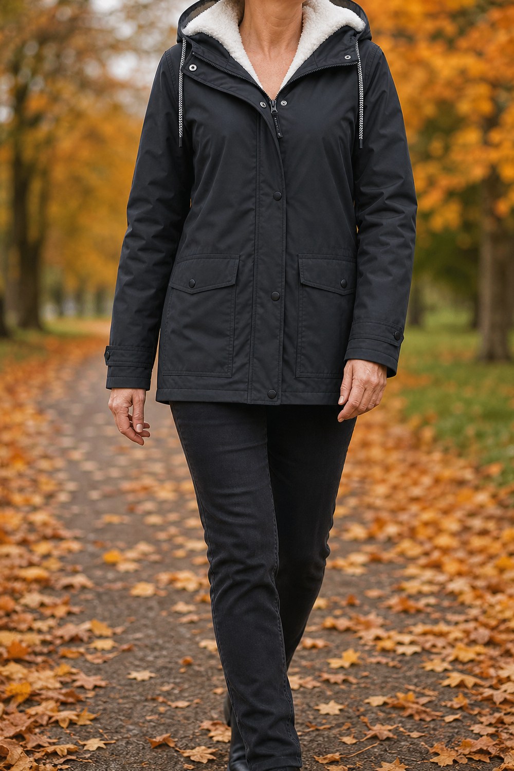 Lotte Jas met Teddykap in Zwart – wandelend in het herfstpark