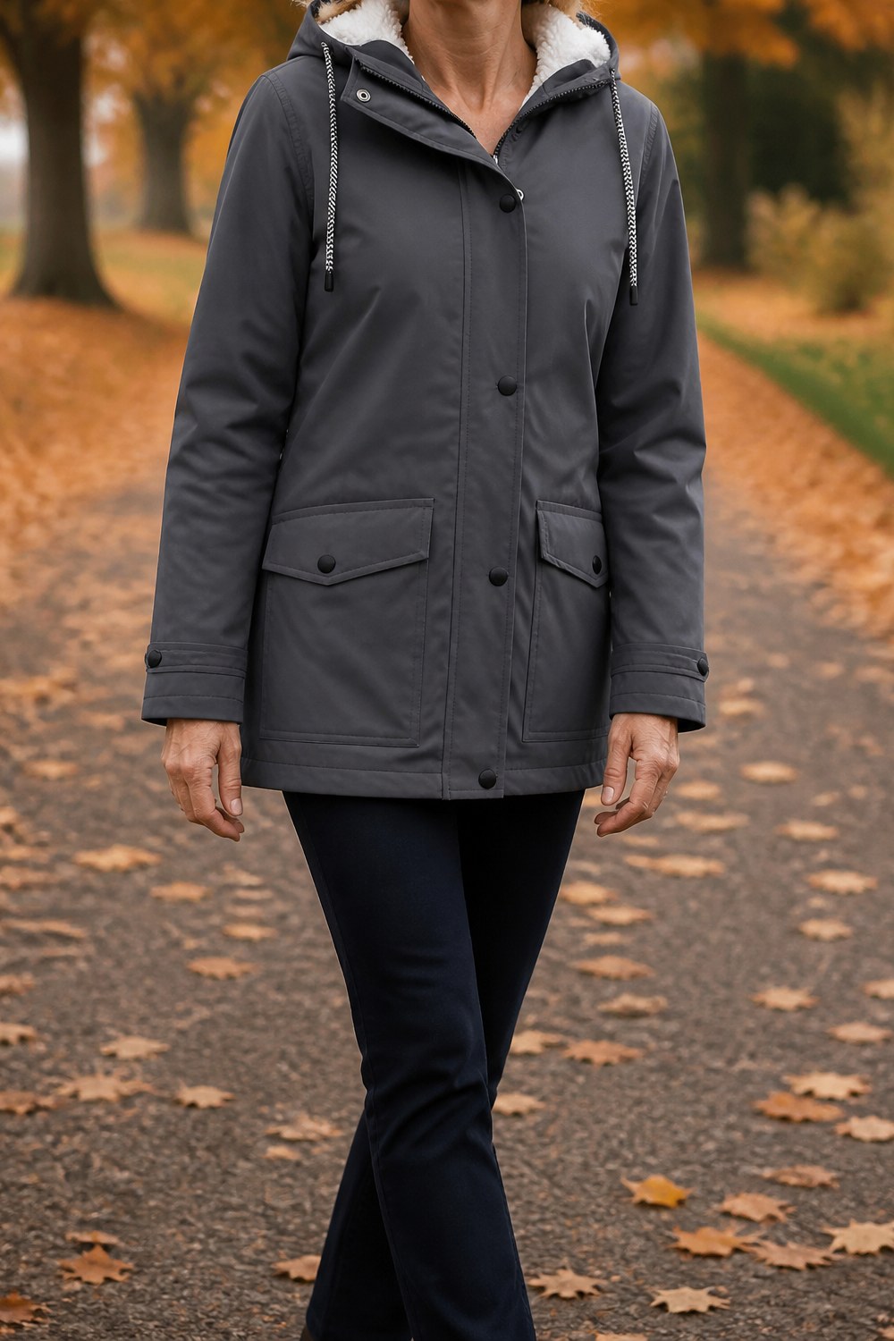 Lotte Jas met Teddykap in Grijs – wandelend in het herfstpark